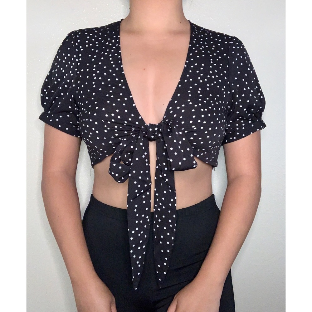 Polka Dot Tie In The Front Crop Top Size L Fits M